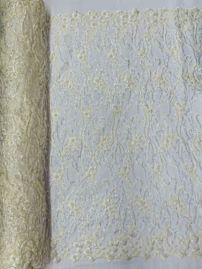 Vine Floral Beaded Lace/Sequin Embroider Lace Fabric - Sold By the Yard.