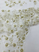 Multi Color 3D Floral Design Embroider with Pearls in a Mesh Lace Fabric -Sold by the yard.