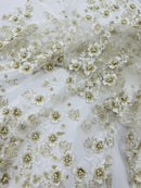 Multi Color 3D Floral Design Embroider with Pearls in a Mesh Lace Fabric -Sold by the yard.