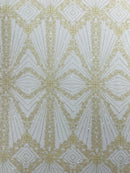 Luxury Bridal Fabric with Geometric Beading on a mesh, by The Yard.