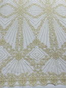 Luxury Bridal Fabric with Geometric Beading on a mesh, by The Yard.