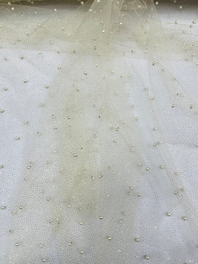 Pearl Glitter Studded Mesh, 2-Way Stretch Shimmer Mesh Fabric, Sold by the yard.
