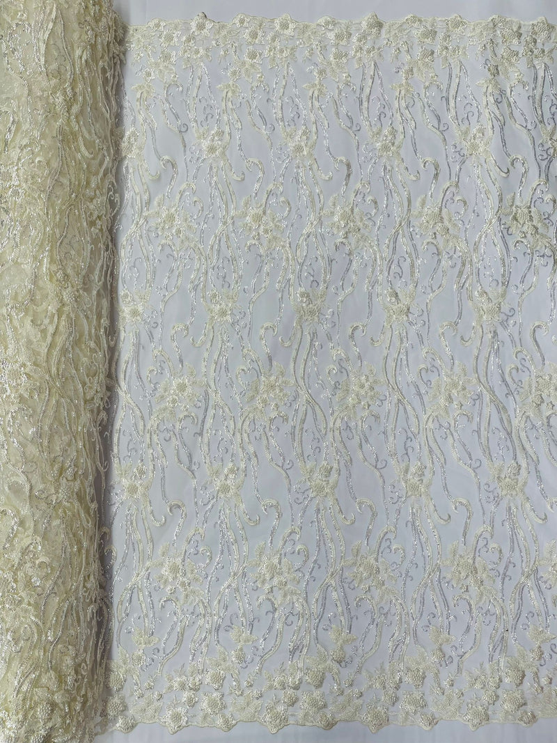 Ivory Vine Floral Beaded Lace/Sequin Embroider Lace Fabric - Sold By the Yard.