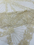 Luxury Bridal Fabric with Geometric Beading on a mesh, by The Yard.