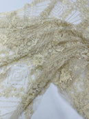 Luxury Bridal Fabric with Geometric Beading on a mesh, by The Yard.