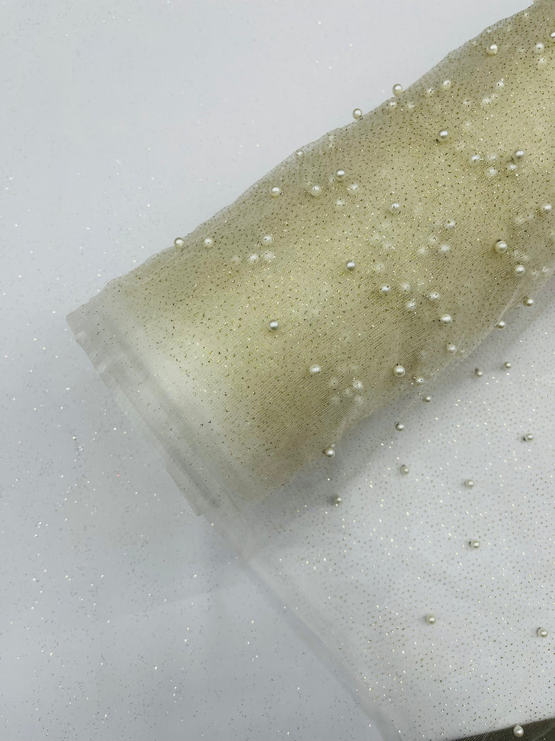 Pearl Glitter Studded Mesh, 2-Way Stretch Shimmer Mesh Fabric, Sold by the yard.