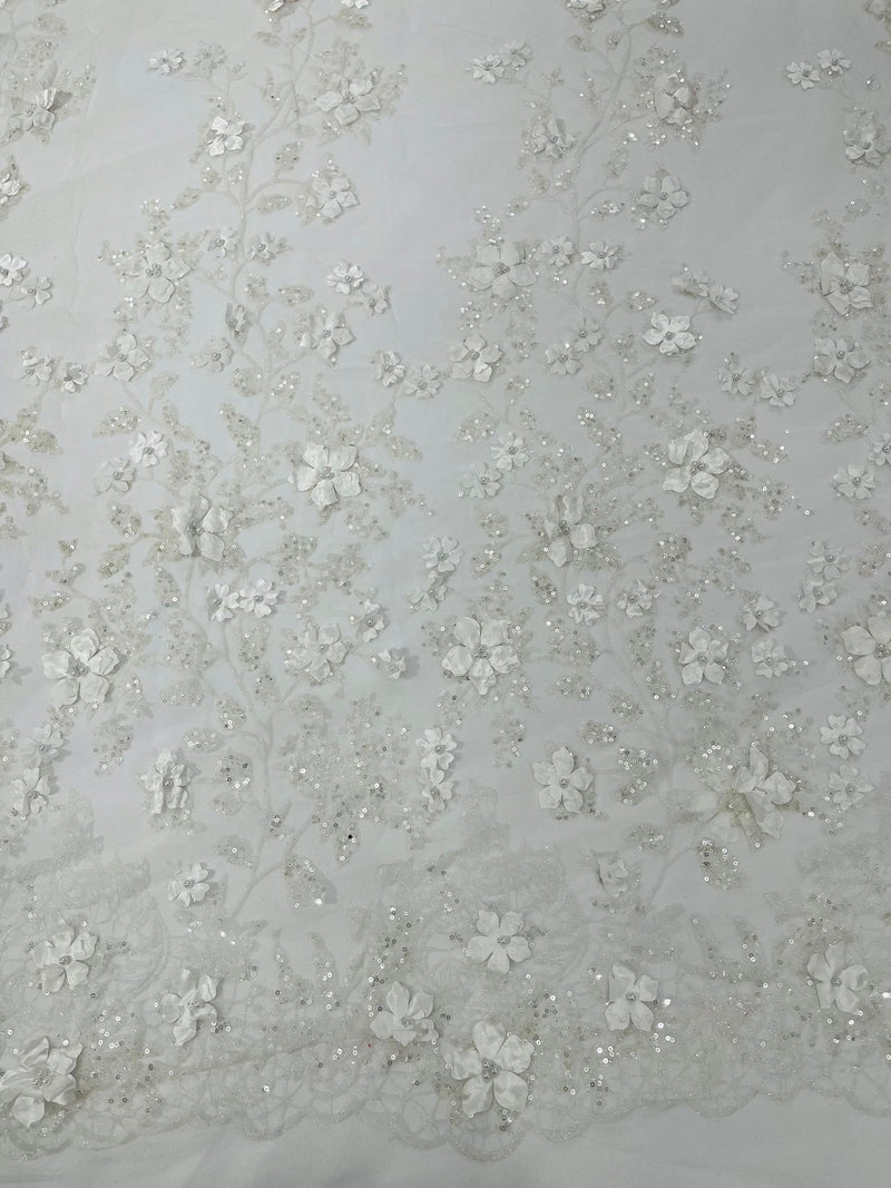 Princess Glitter 3d floral design embroidery with pearls in a mesh lace-sold by the yard.