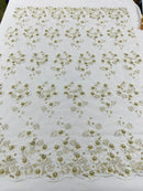 Multi Color 3D Floral Design Embroider with Pearls in a Mesh Lace Fabric -Sold by the yard.