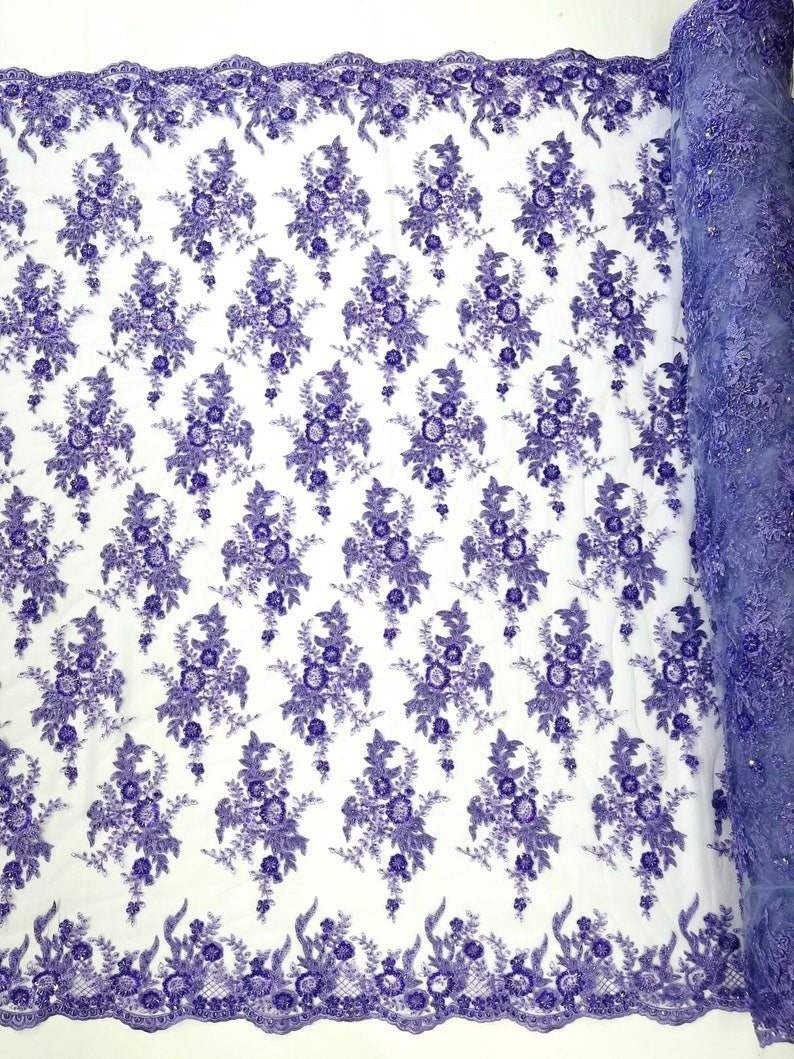 Lavender Gorgeous French design embroider and beaded on a mesh lace. Wedding/Bridal/Prom/Nightgown fabric