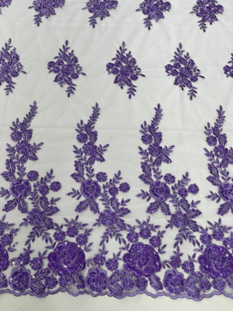 Lavender Floral design embroider and beaded on a mesh lace fabric-Wedding/Bridal/Prom/Nightgown fabric