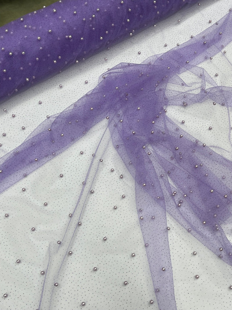 Pearl Glitter Studded Mesh, 2-Way Stretch Shimmer Mesh Fabric, Sold by the yard.