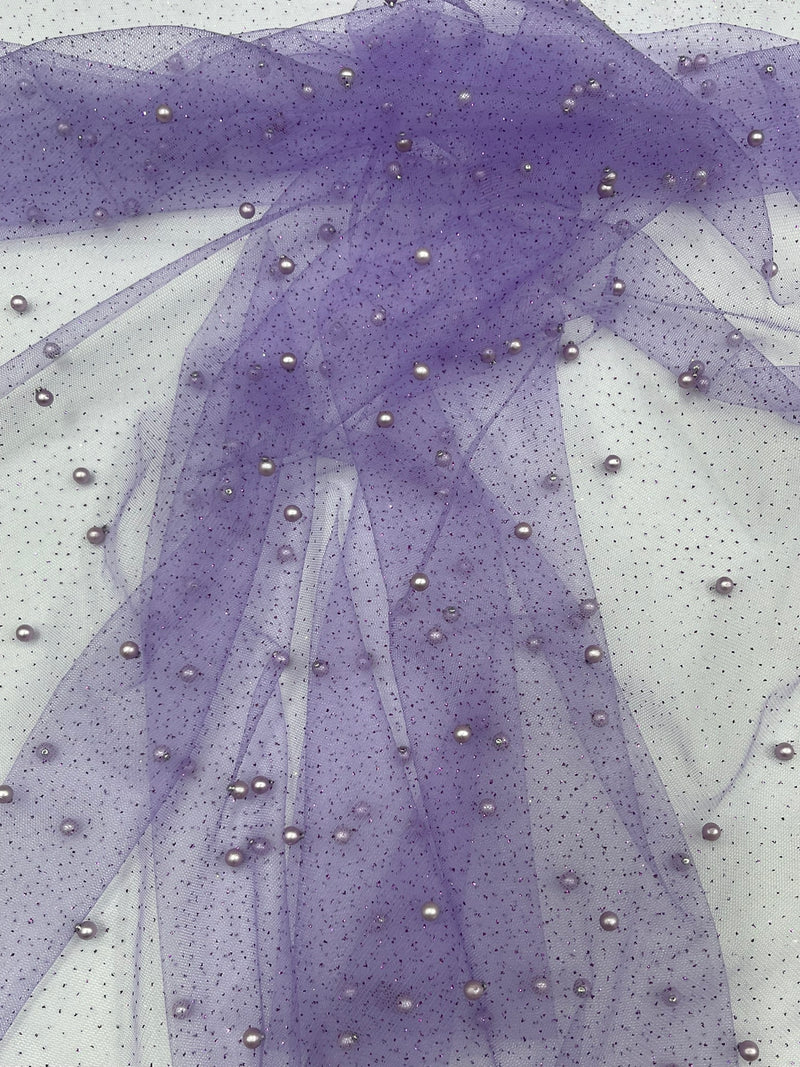 Pearl Glitter Studded Mesh, 2-Way Stretch Shimmer Mesh Fabric, Sold by the yard.