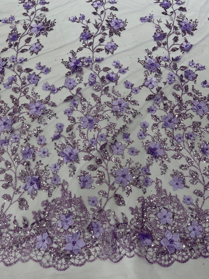 Princess Glitter 3d floral design embroidery with pearls in a mesh lace-sold by the yard.