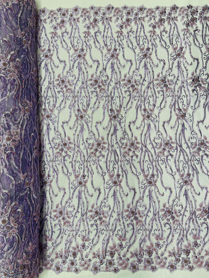 Lavender Vine Floral Beaded Lace/Sequin Embroider Lace Fabric - Sold By the Yard.