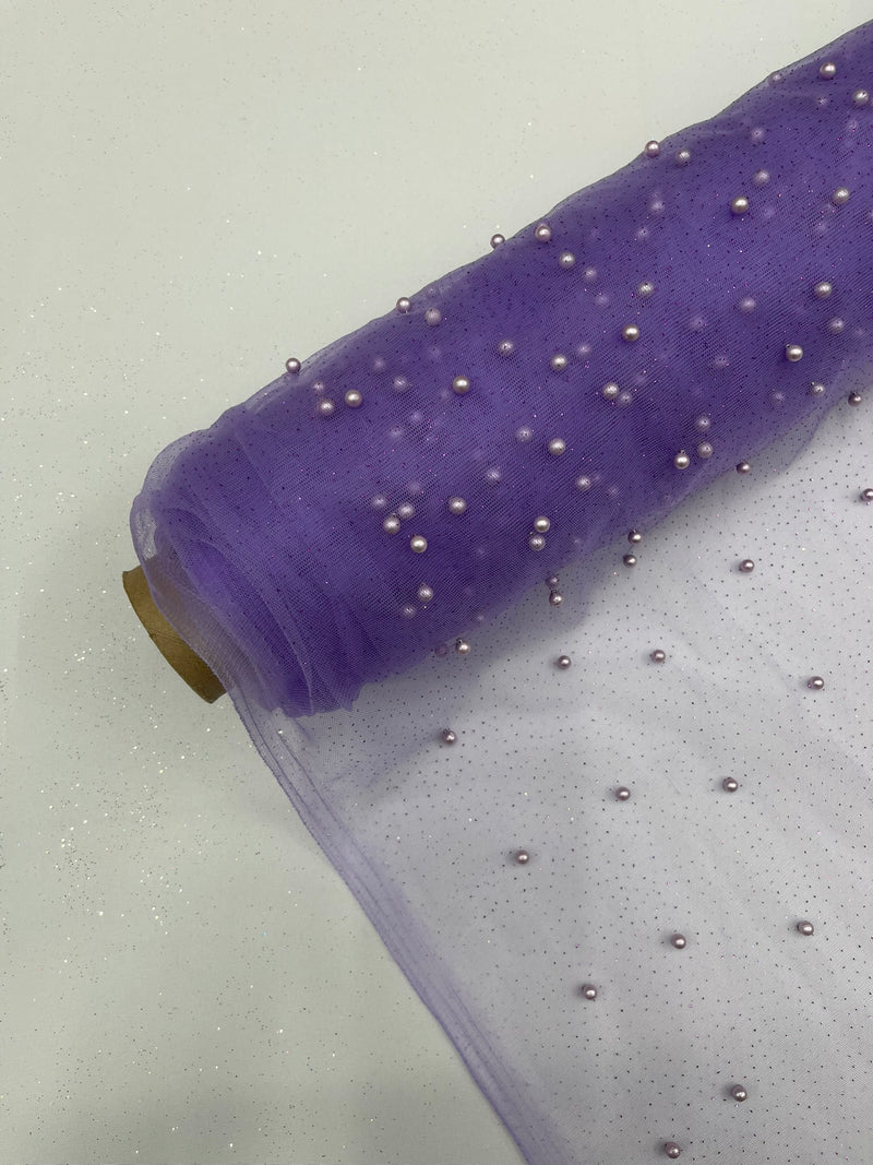 Pearl Glitter Studded Mesh, 2-Way Stretch Shimmer Mesh Fabric, Sold by the yard.