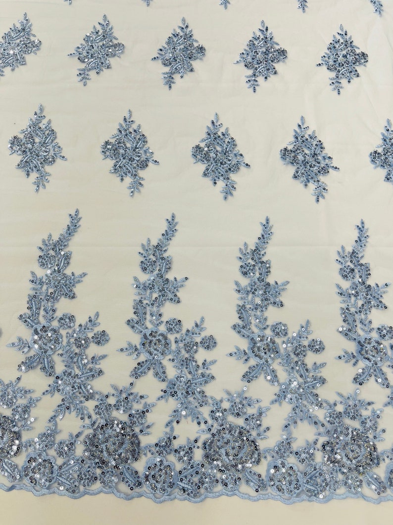 Light Blue Floral design embroider and beaded on a mesh lace fabric-Wedding/Bridal/Prom/Nightgown fabric