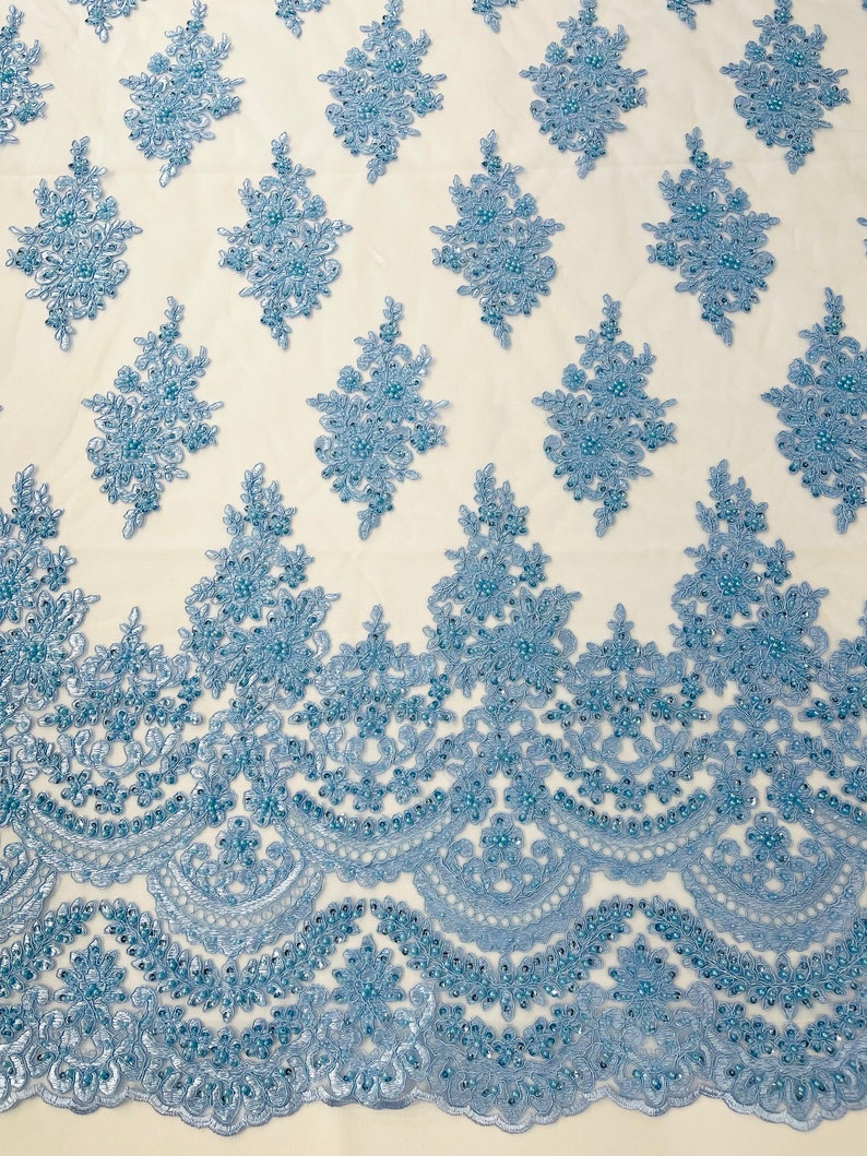 Light Blue Erin Diamond Beaded Metallic Floral Embroider On a Mesh Lace Fabric-Sold By The Yard