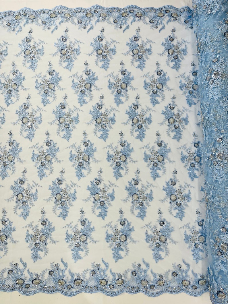 Light Blue Gorgeous French design embroider and beaded on a mesh lace. Wedding/Bridal/Prom/Nightgown fabric