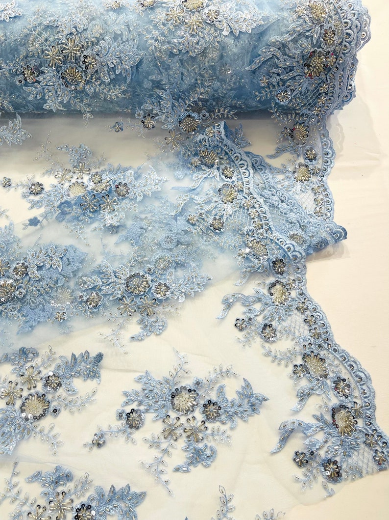 Light Blue Gorgeous French design embroider and beaded on a mesh lace. Wedding/Bridal/Prom/Nightgown fabric