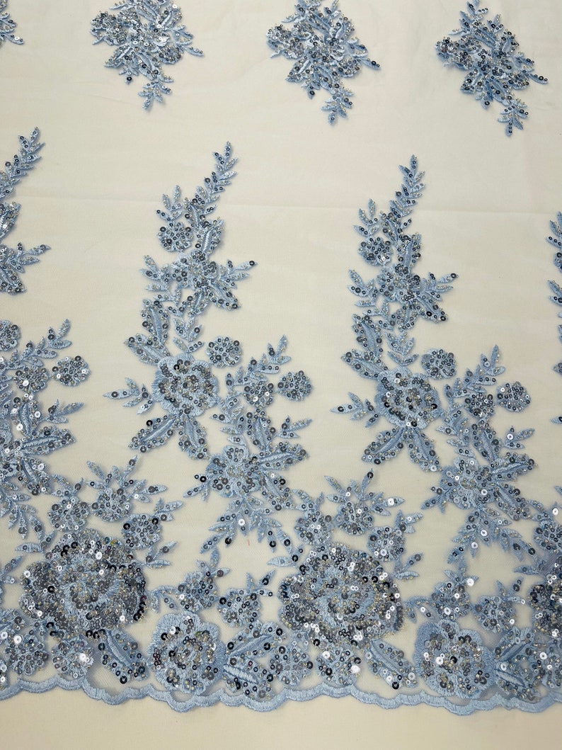 Light Blue Floral design embroider and beaded on a mesh lace fabric-Wedding/Bridal/Prom/Nightgown fabric