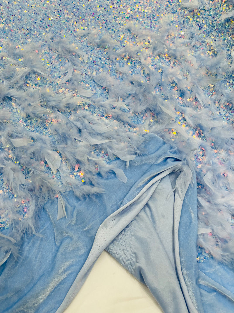 Light Blue Iridescent 5mm sequins on a stretch velvet with feathers 2-way stretch, sold by the yard