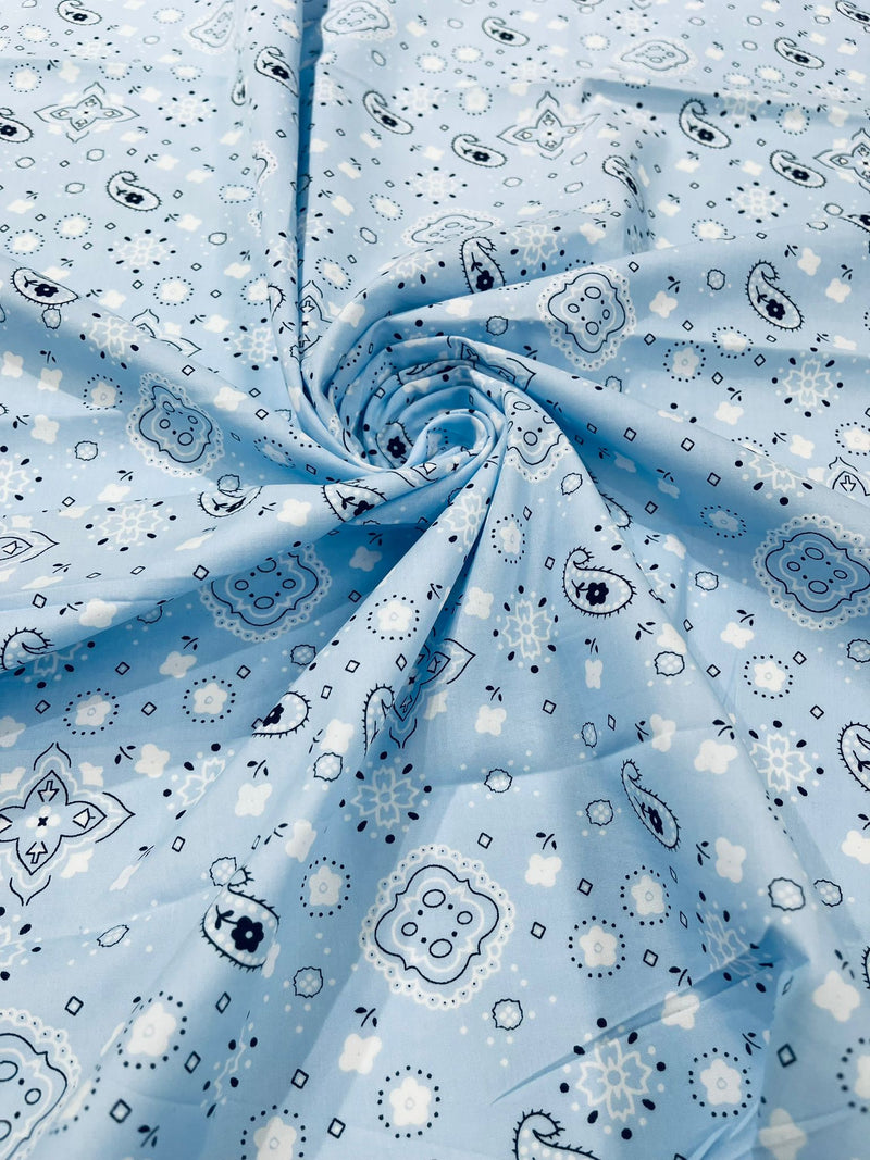 Light Blue  58/59" Wide 65% Polyester 35 percent Cotton Bandanna Print Fabric, Good for Face Mask Covers, Clothing/costume/Quilting Fabric