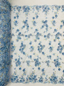 Multi color 3d floral Daisy design embroider with pearls in a mesh lace fabric -sold by the yard.