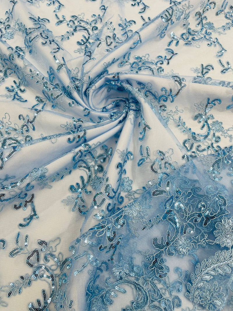 Light Blue Flower lace corded and embroider with sequins on a mesh-Sold by the yard.