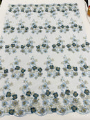Multi Color 3D Floral Design Embroider with Pearls in a Mesh Lace Fabric -Sold by the yard.