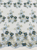 Multi Color 3D Floral Design Embroider with Pearls in a Mesh Lace Fabric -Sold by the yard.