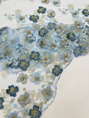 Multi Color 3D Floral Design Embroider with Pearls in a Mesh Lace Fabric -Sold by the yard.