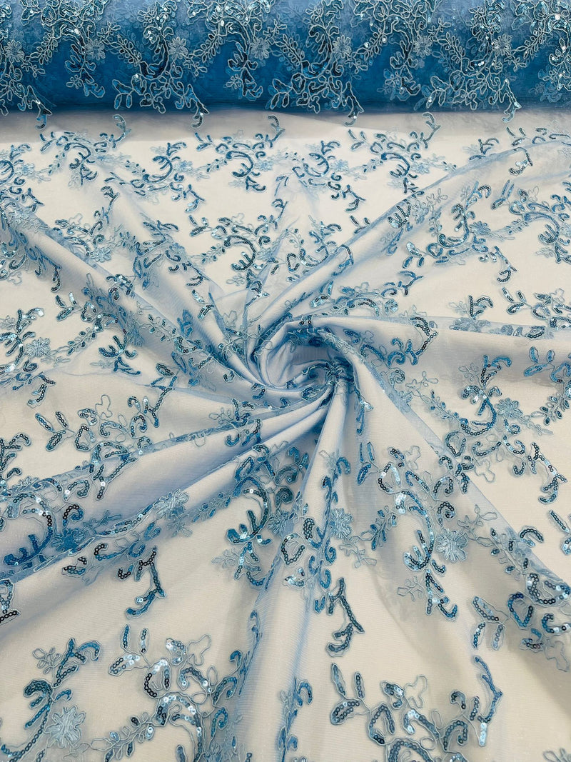 Light Blue Flower lace corded and embroider with sequins on a mesh-Sold by the yard.