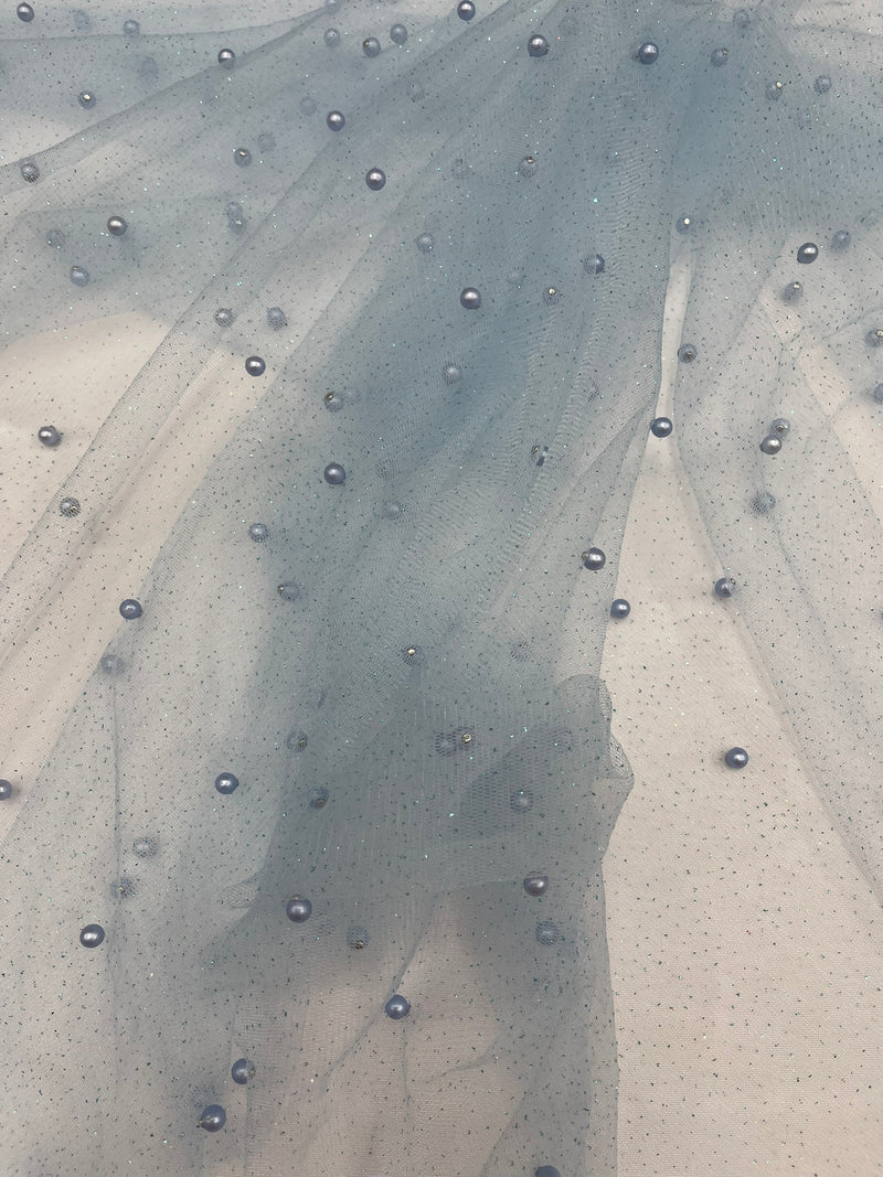 Pearl Glitter Studded Mesh, 2-Way Stretch Shimmer Mesh Fabric, Sold by the yard.