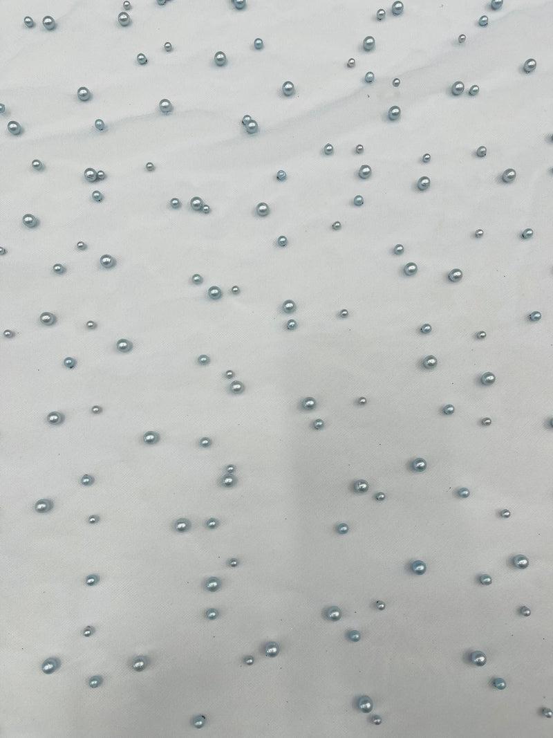 Heavy Scattered Pearls Studded Mesh, 2-Way Stretch, sold by the yard.