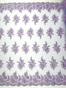 Floral corded embroider with sequins on a mesh lace fabric-prom-sold by the yard.