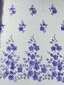 Orquidia 3d floral design embroider with pearls in a mesh lace fabric-prom-sold by the yard.