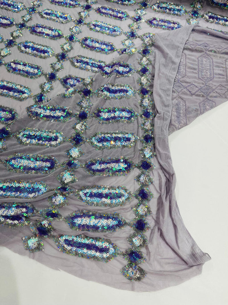 Lilac/Aqua multi color iridescent Jewel sequin design on a lilac 4 way stretch mesh fabric.