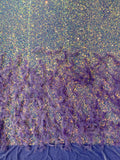 5mm sequins on a stretch velvet with feathers 2-way stretch, sold by the yard