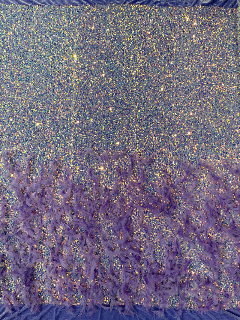 Lilac Iridescent 5mm sequins on a stretch velvet with feathers 2-way stretch, sold by the yard