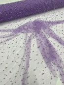 Heavy Scattered Pearls Studded Mesh, 2-Way Stretch, sold by the yard.