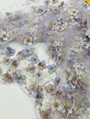 Multi Color 3D Floral Design Embroider with Pearls in a Mesh Lace Fabric -Sold by the yard.