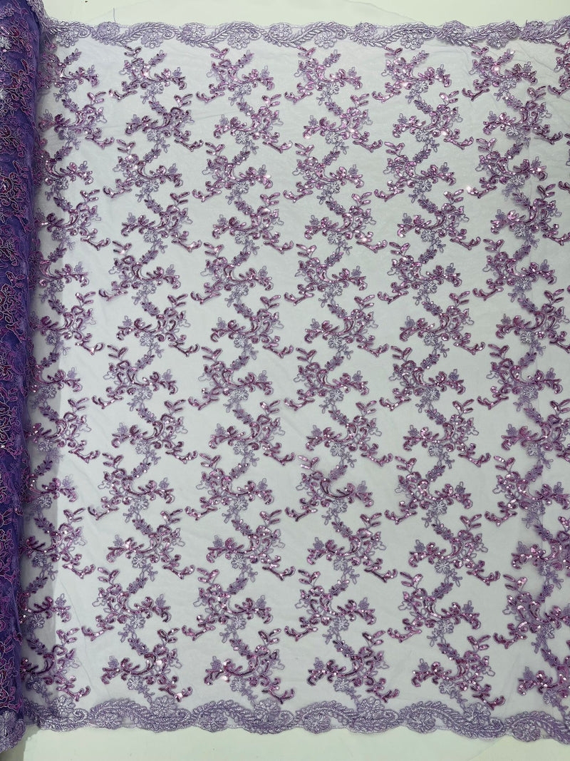Lilac Flower lace corded and embroider with sequins on a mesh-Sold by the yard.