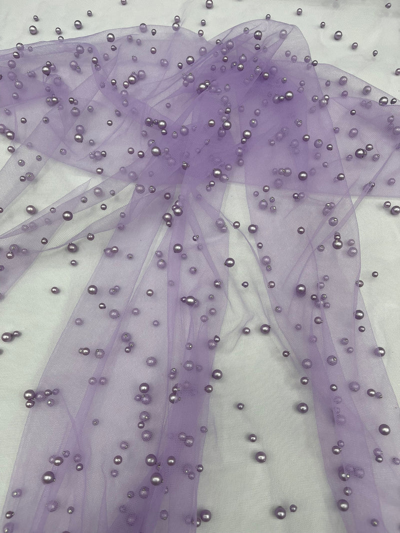 Heavy Scattered Pearls Studded Mesh, 2-Way Stretch, sold by the yard.