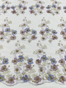 Multi Color 3D Floral Design Embroider with Pearls in a Mesh Lace Fabric -Sold by the yard.