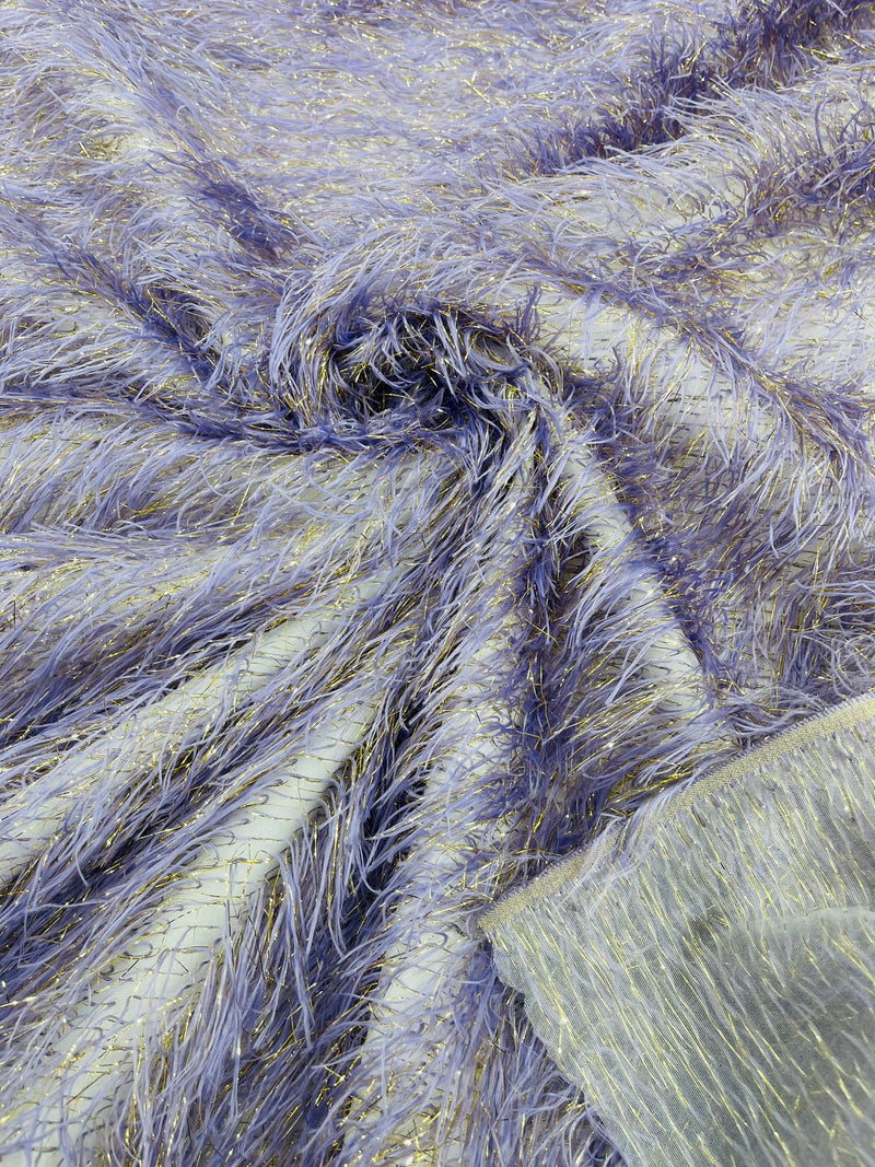 Lilac Shaggy Jacquard Faux Ostrich/Eye Lash Feathers Fringe With Metallic Thread By The Yard