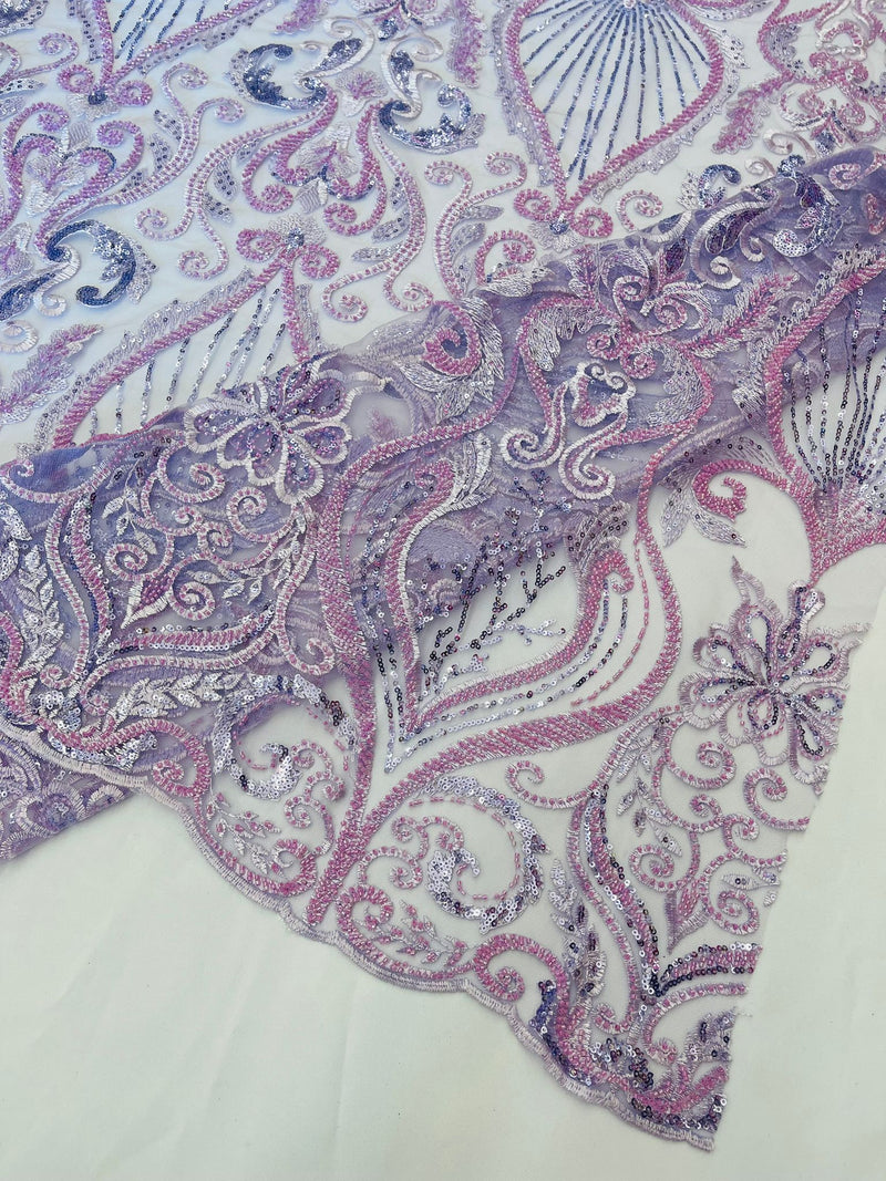 Lilac Floral damask embroider and heavy beaded on a mesh lace fabric/wedding/Costplay