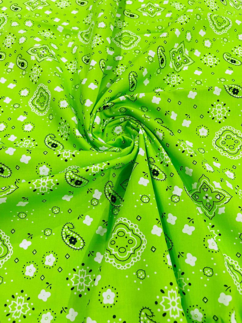 Lime  58/59" Wide 65% Polyester 35 percent Cotton Bandanna Print Fabric, Good for Face Mask Covers, Clothing/costume/Quilting Fabric