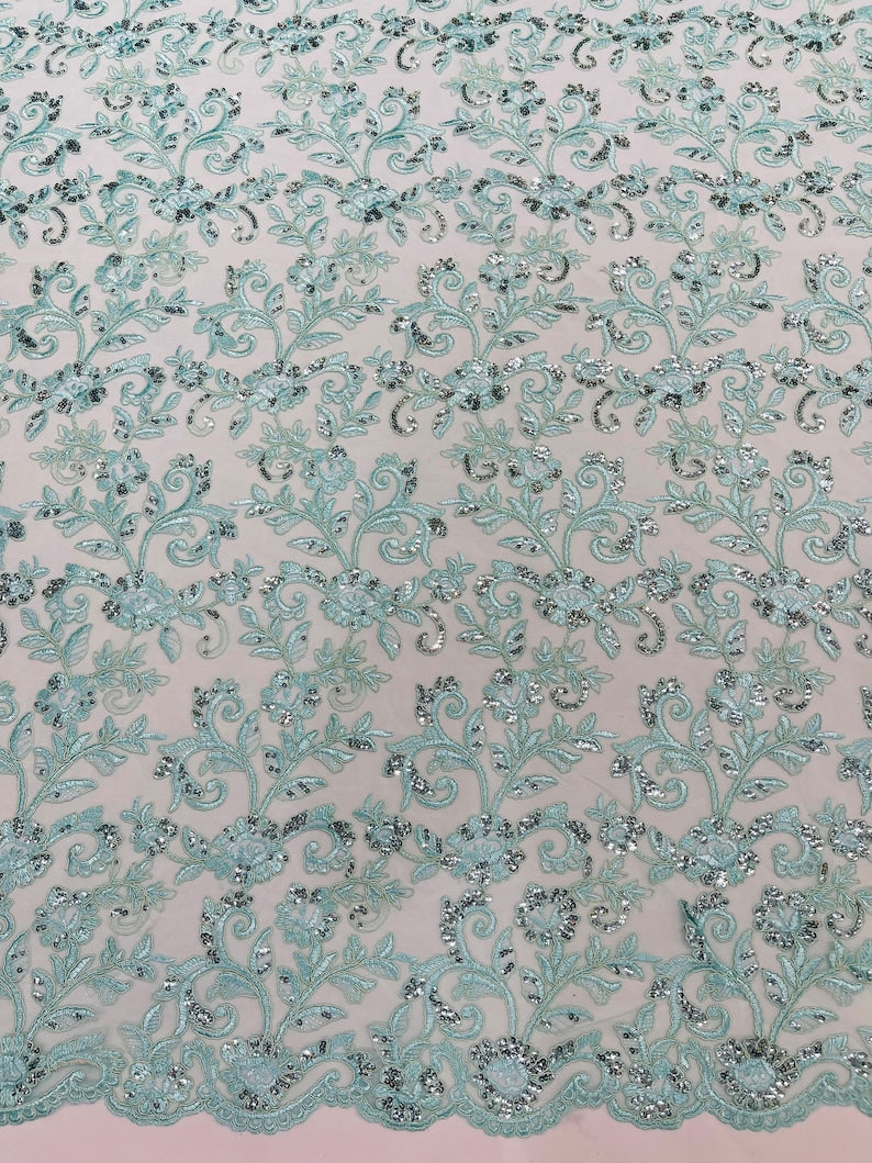 Mint Corded french design-embroider with sequins on a mesh lace fabric-prom-nightgown-decorations-sold by the yard