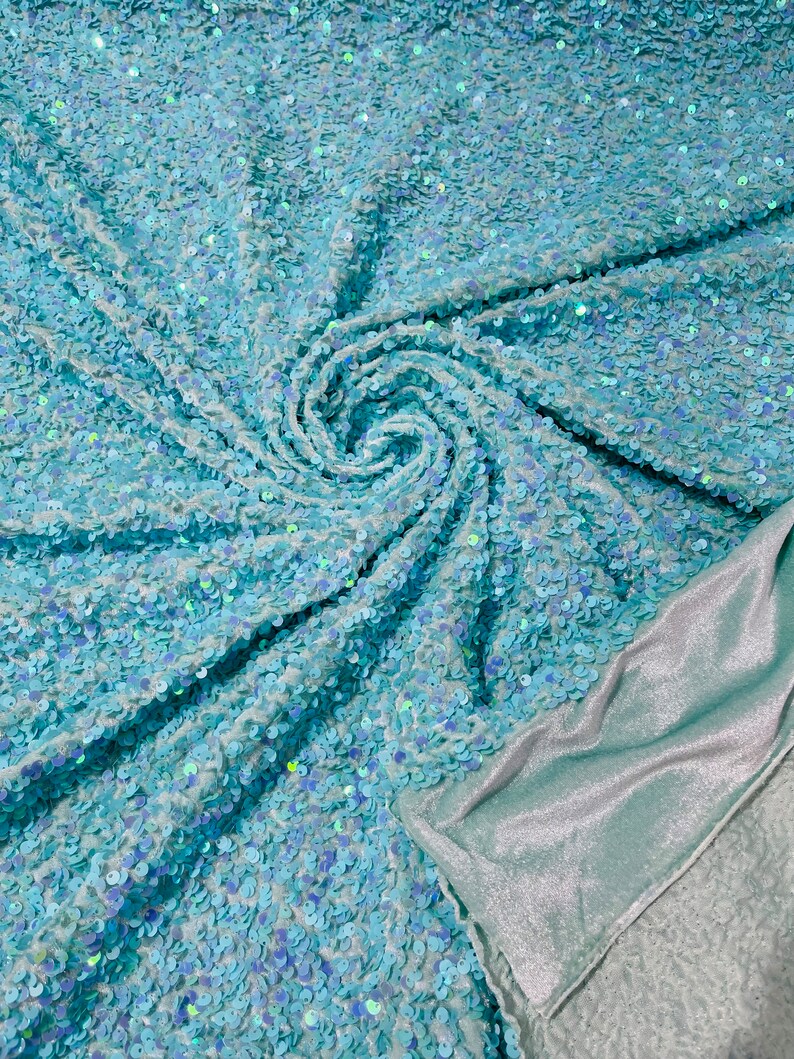 Mint Iridescent Sequin Stretch Velvet Fabric 5mm,58 Inches wide /Prom/ Sold By The Yard.