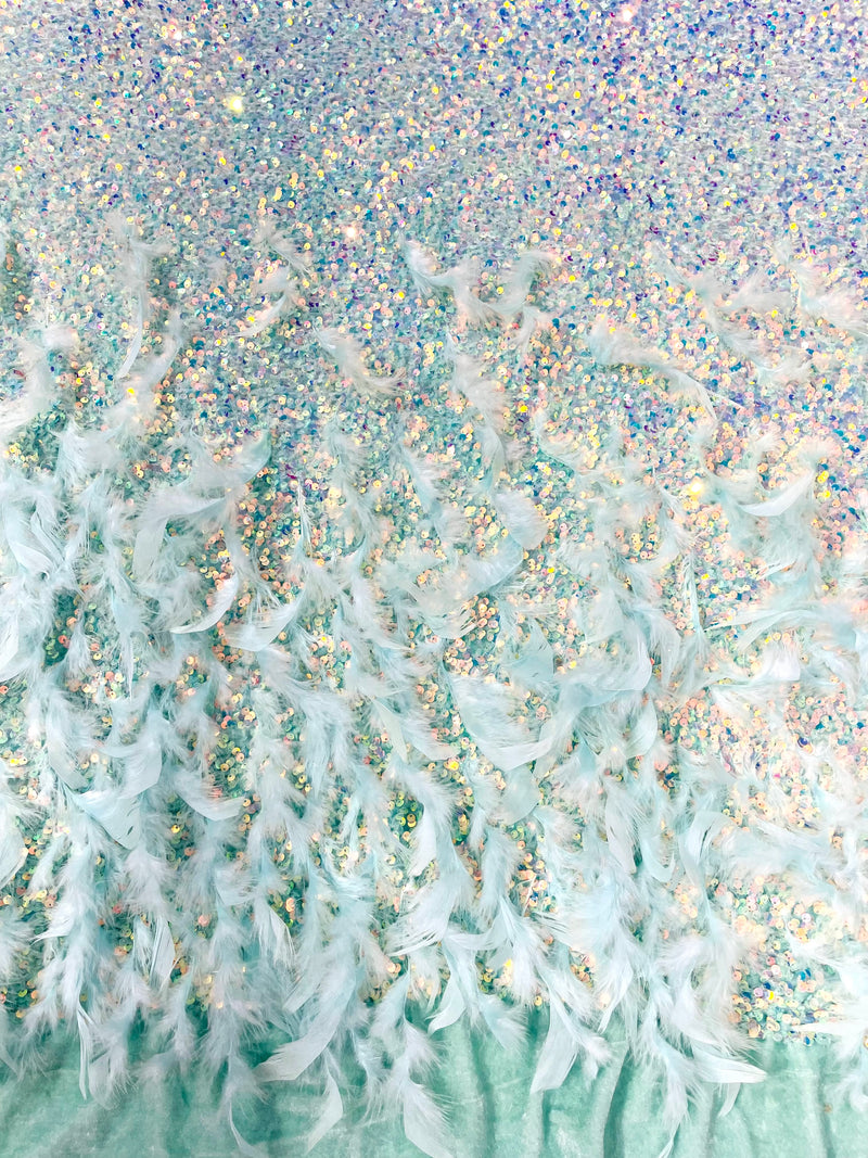 Mint Green Iridescent 5mm sequins on a stretch velvet with feathers 2-way stretch, sold by the yard